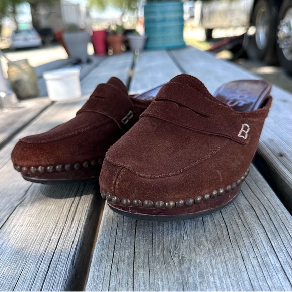 Women’s Brown Clogs / Mule Shoes Size 7 Suede Studded Wood Heels Made in Italy - Picture 4 of 12